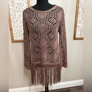Easel Brown Crochet Fringe Sweater